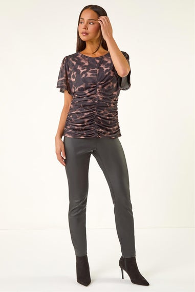 Roman Black Petite Print Mesh Ruched Banded Top