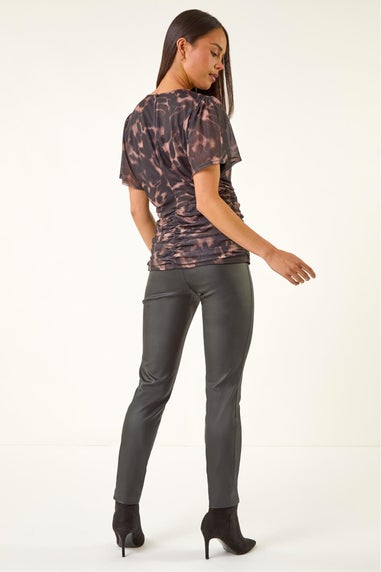 Roman Black Petite Print Mesh Ruched Banded Top