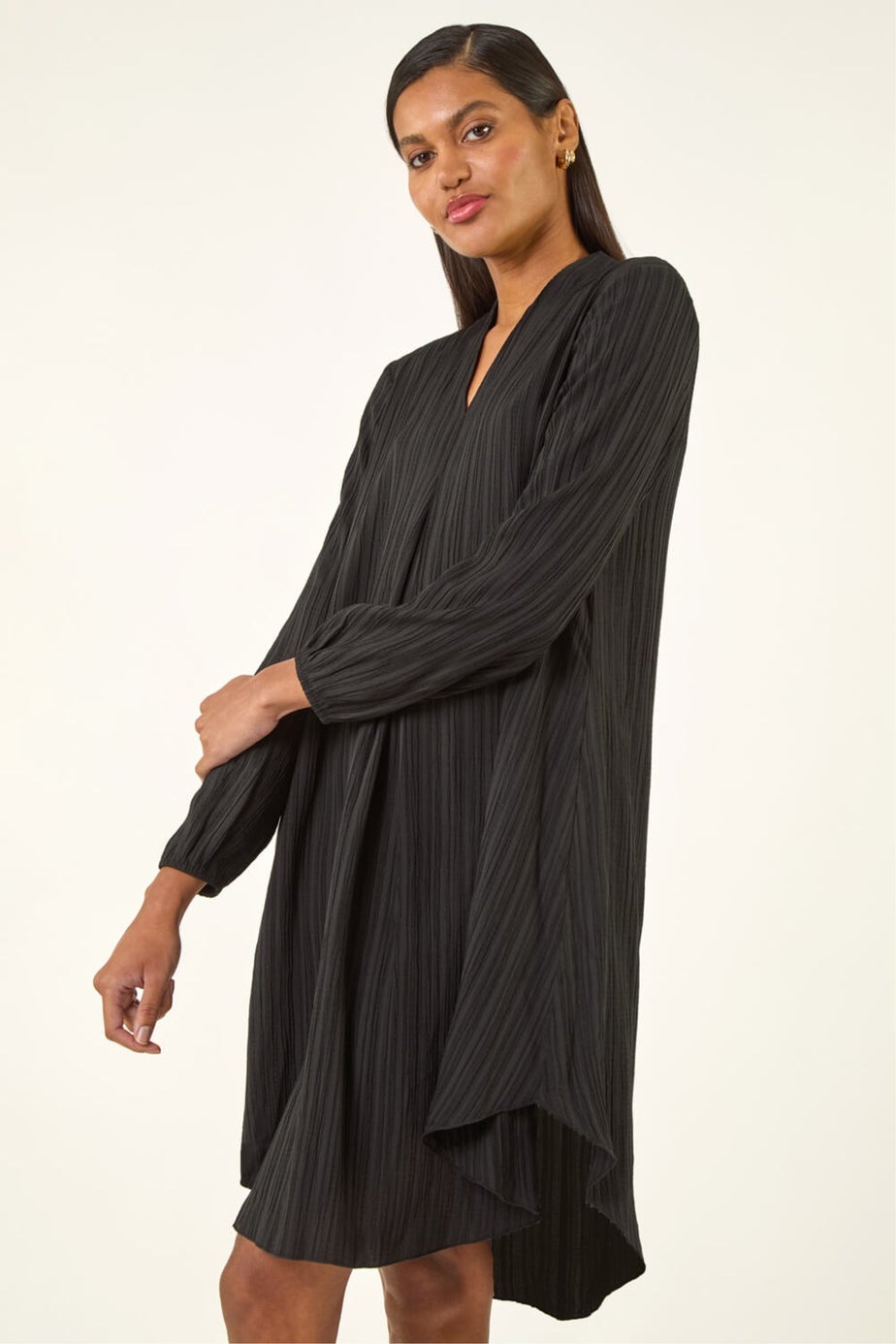 Roman Black Textured V-Neck Swing Dress