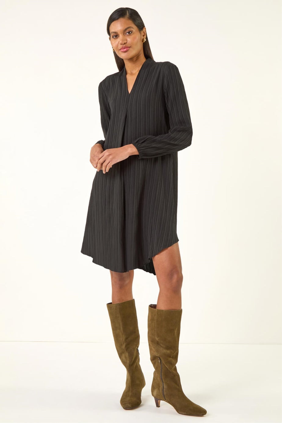 Roman Black Textured V-Neck Swing Dress