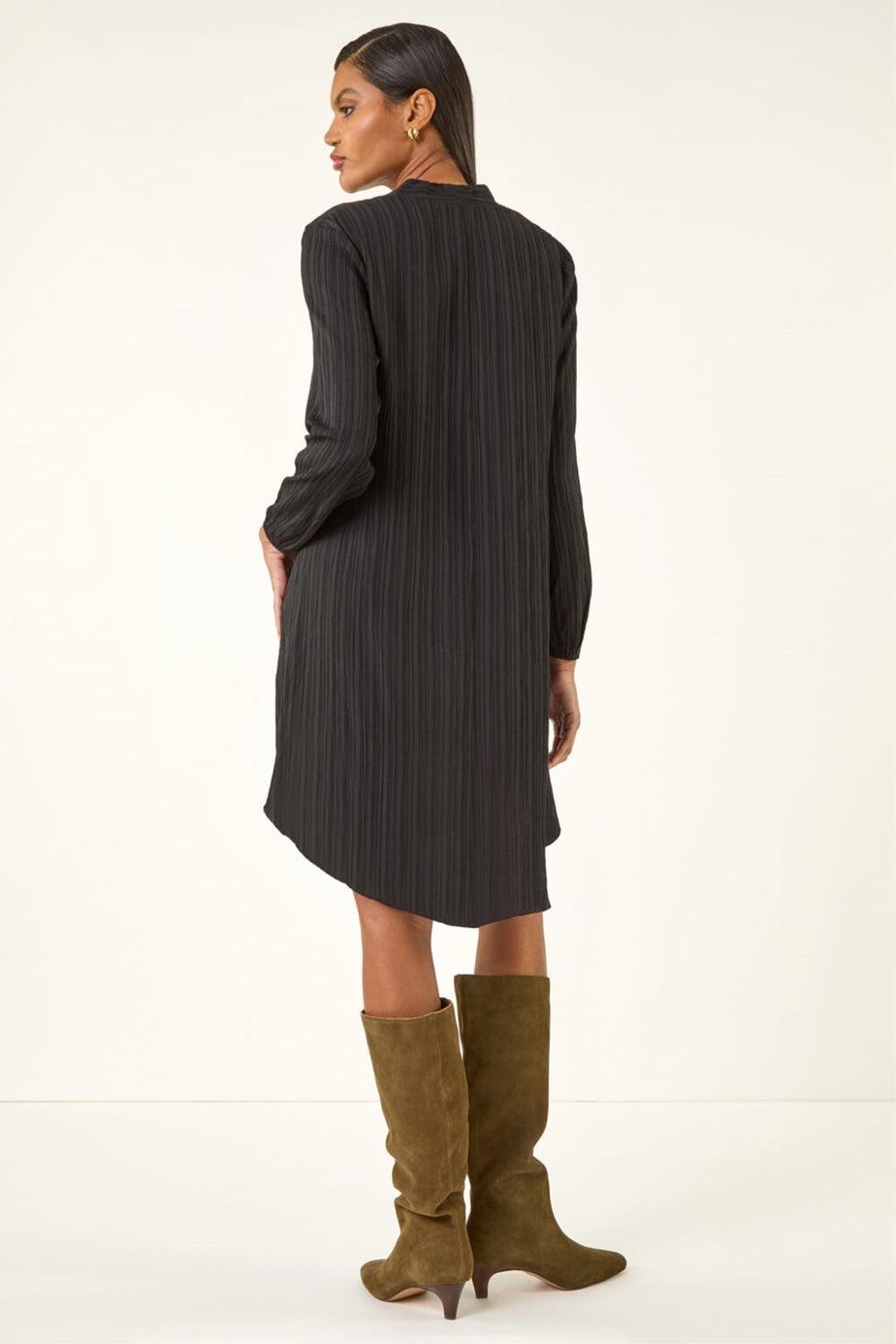 Roman Black Textured V-Neck Swing Dress