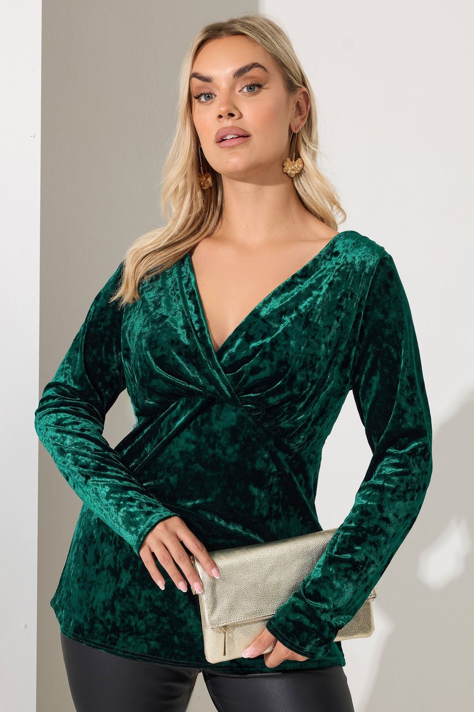 Yours London Curve Green Velvet Wrap Long Sleeve Top