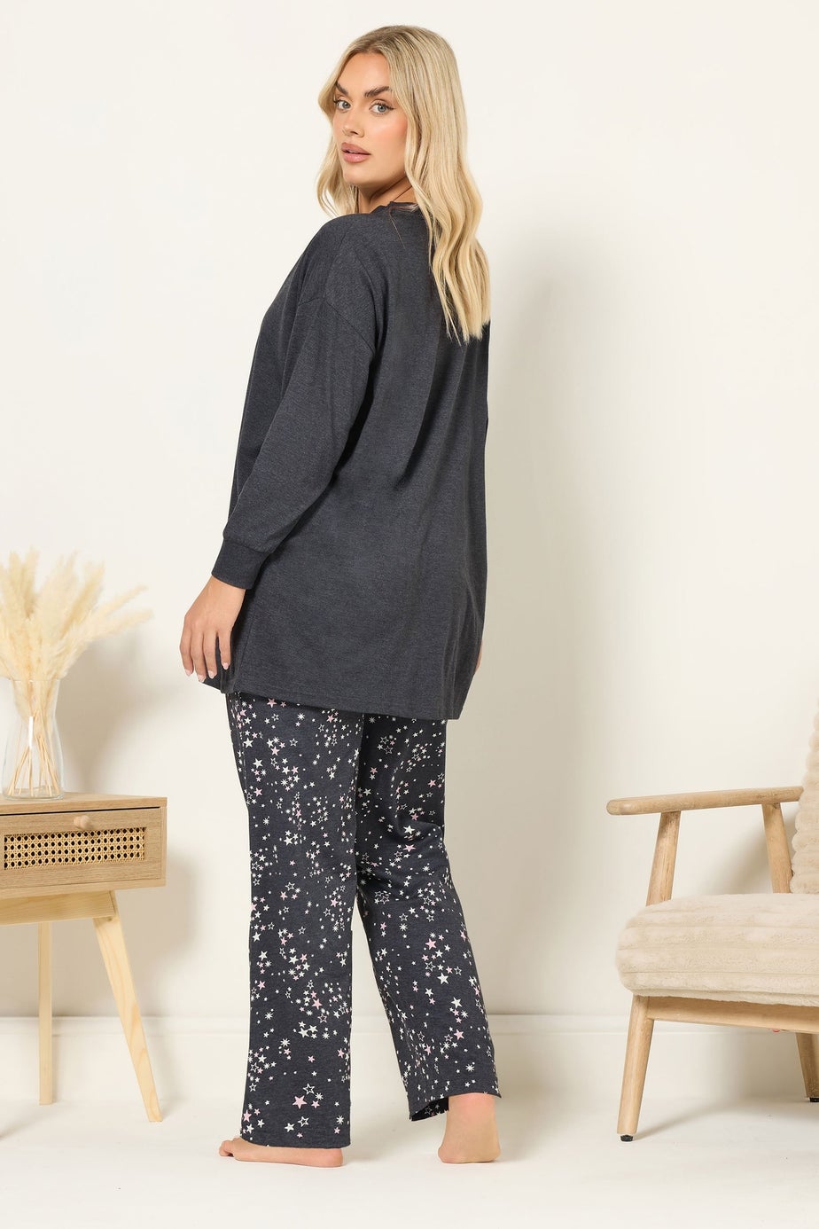Yours Curve Charcoal Grey 'Night Sky' Wide Leg Pyjama Set