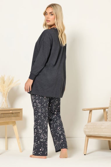 Yours Curve Charcoal Grey 'Night Sky' Wide Leg Pyjama Set