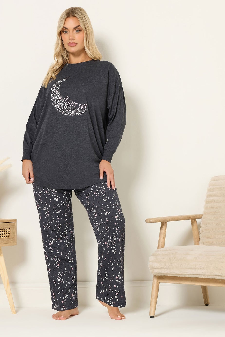 Yours Curve Charcoal Grey 'Night Sky' Wide Leg Pyjama Set