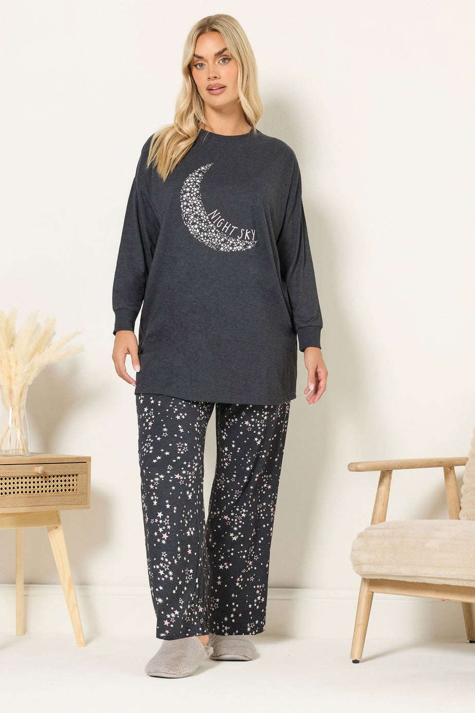 Yours Curve Charcoal Grey 'Night Sky' Wide Leg Pyjama Set