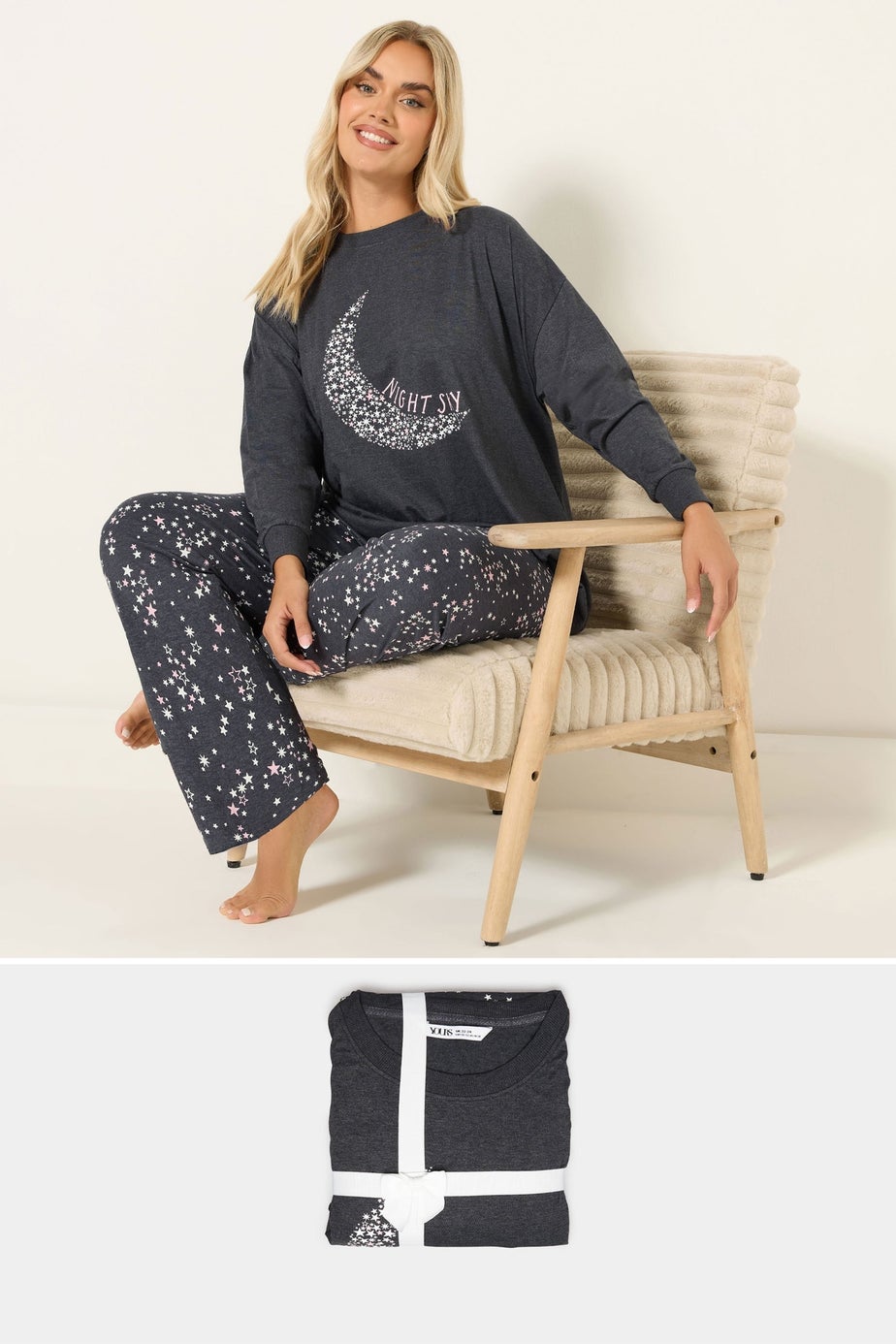 Yours Curve Charcoal Grey 'Night Sky' Wide Leg Pyjama Set