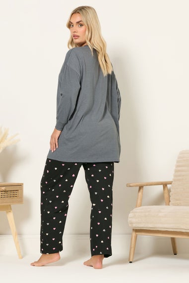 Yours Curve Grey 'Sleepover Club' Wide Leg Pyjama Set