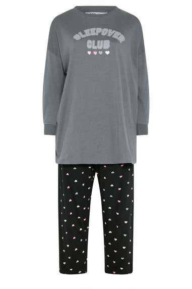 Yours Curve Grey 'Sleepover Club' Wide Leg Pyjama Set