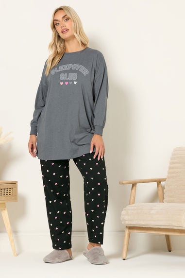 Yours Curve Grey 'Sleepover Club' Wide Leg Pyjama Set