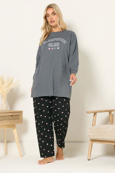 Yours Curve Grey 'Sleepover Club' Wide Leg Pyjama Set