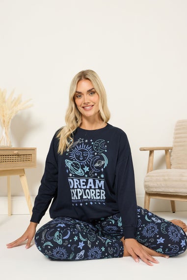 Yours Curve Navy Blue 'Dream Explorer' Cuffed Pyjama Set