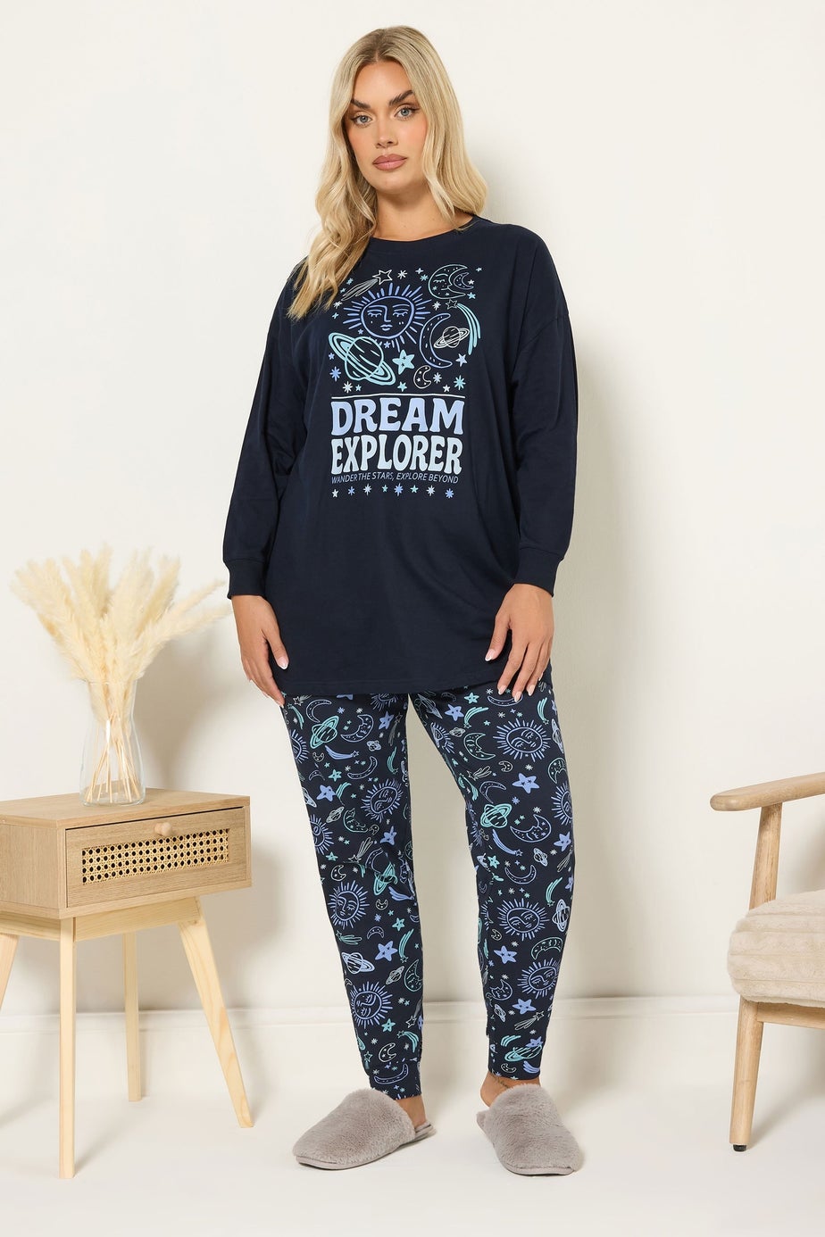 Yours Curve Navy Blue 'Dream Explorer' Cuffed Pyjama Set