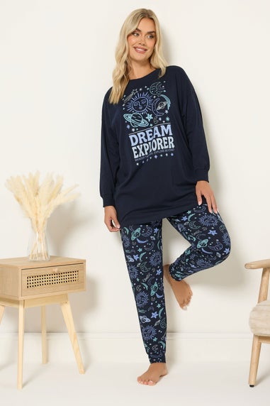 Yours Curve Navy Blue 'Dream Explorer' Cuffed Pyjama Set