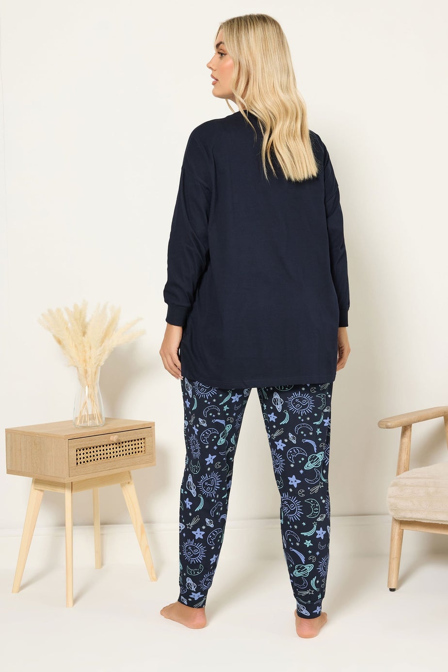Yours Curve Navy Blue 'Dream Explorer' Cuffed Pyjama Set