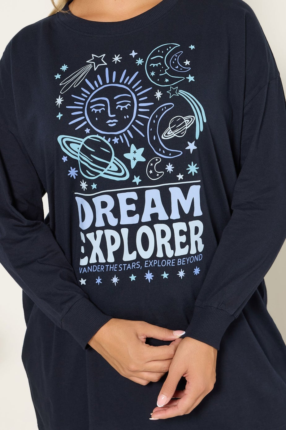 Yours Curve Navy Blue 'Dream Explorer' Cuffed Pyjama Set