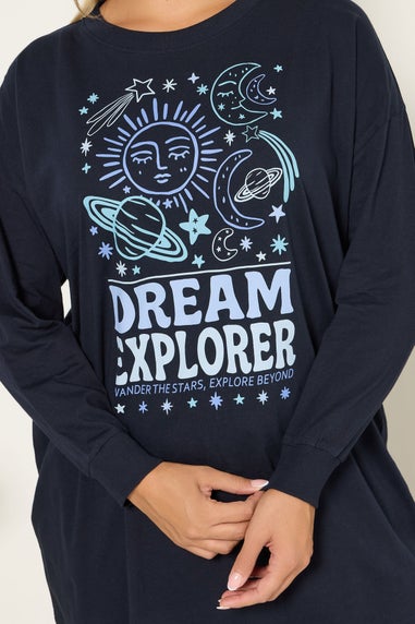 Yours Curve Navy Blue 'Dream Explorer' Cuffed Pyjama Set