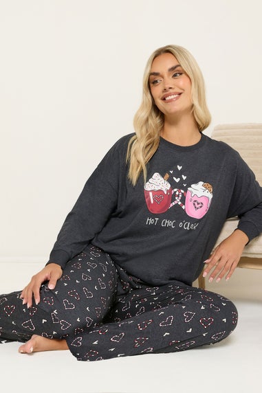 Yours Curve Charcoal Grey 'Hot Choc O'clock' Wide Leg Pyjama Set