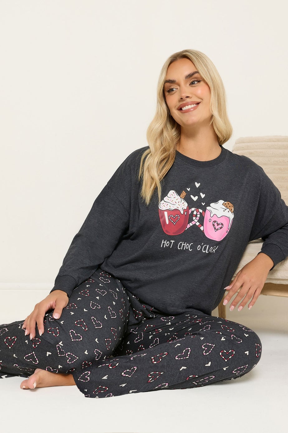 Yours Curve Charcoal Grey 'Hot Choc O'clock' Wide Leg Pyjama Set