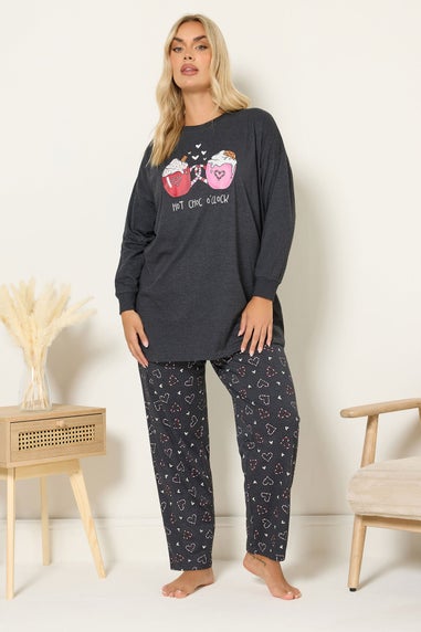 Yours Curve Charcoal Grey 'Hot Choc O'clock' Wide Leg Pyjama Set