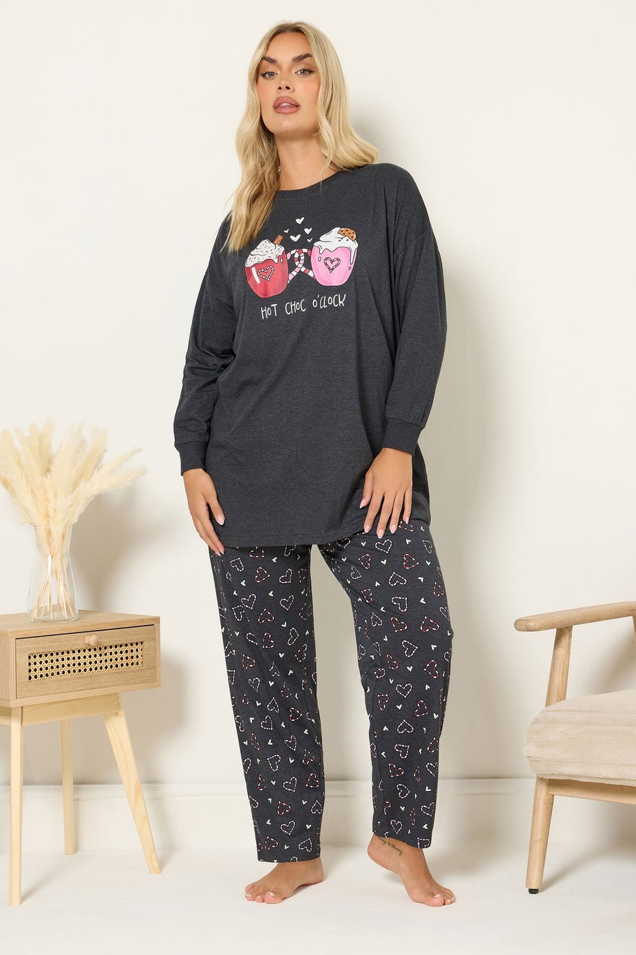 Yours Curve Charcoal Grey 'Hot Choc O'clock' Wide Leg Pyjama Set