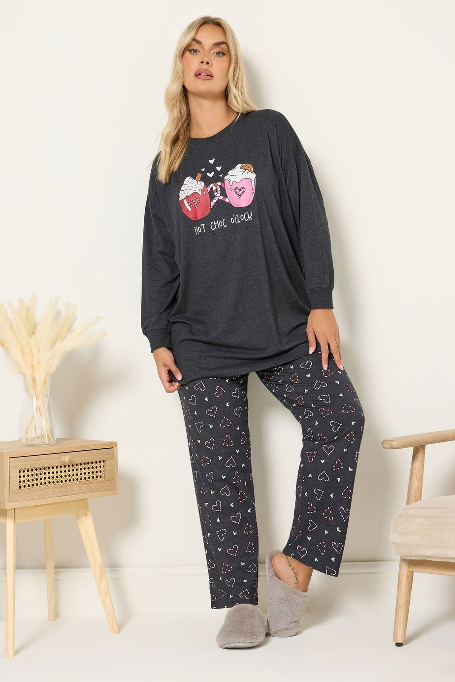Yours Curve Charcoal Grey 'Hot Choc O'clock' Wide Leg Pyjama Set