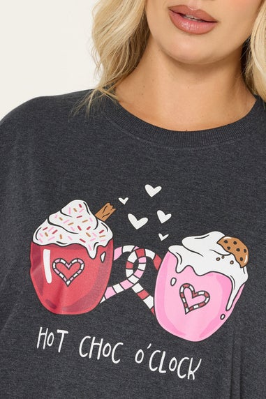 Yours Curve Charcoal Grey 'Hot Choc O'clock' Wide Leg Pyjama Set