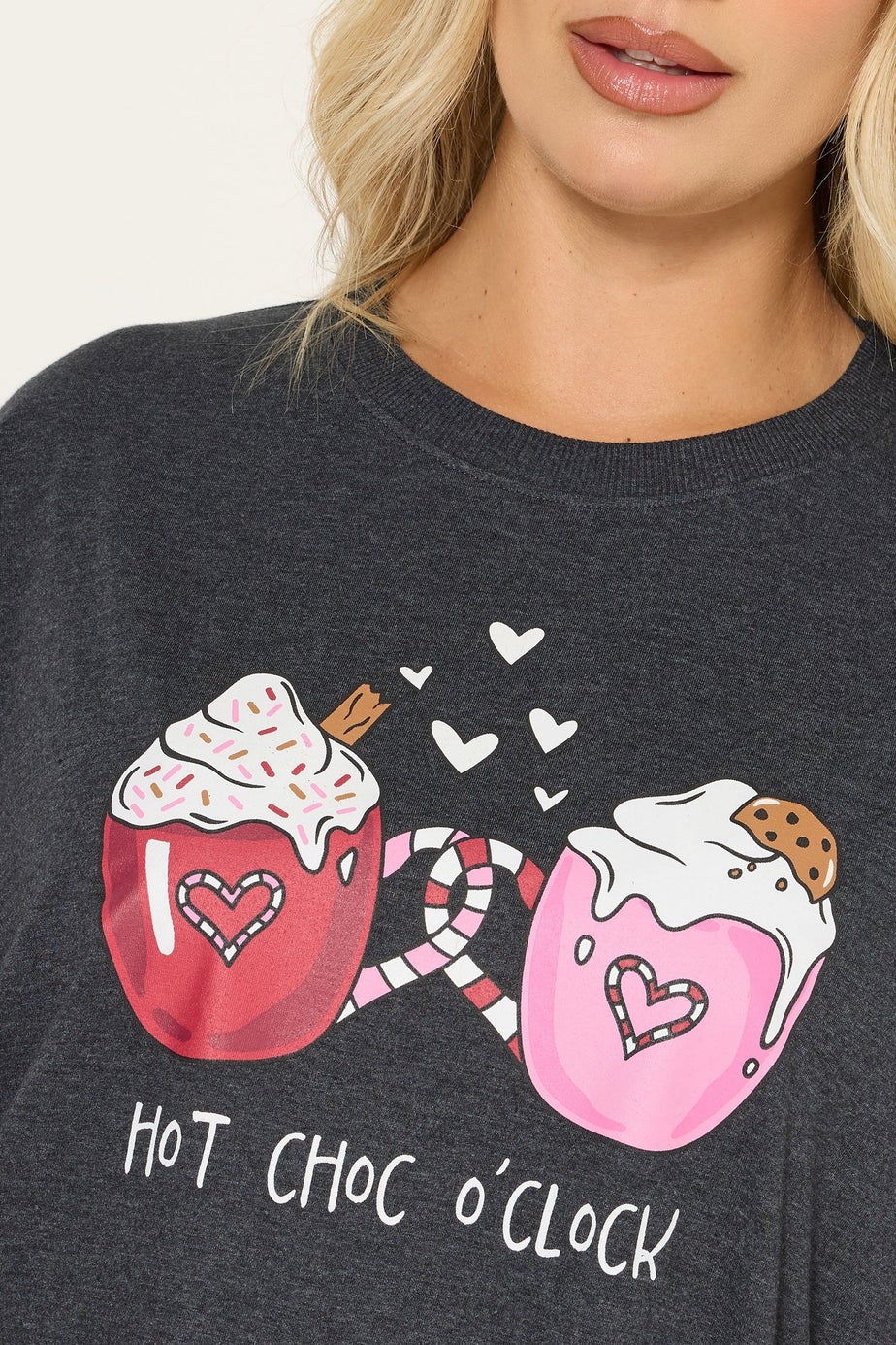 Yours Curve Charcoal Grey 'Hot Choc O'clock' Wide Leg Pyjama Set