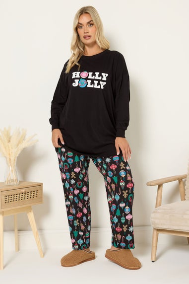 Yours Curve Black 'Holly Jolly' Wide Leg Pyjama Set