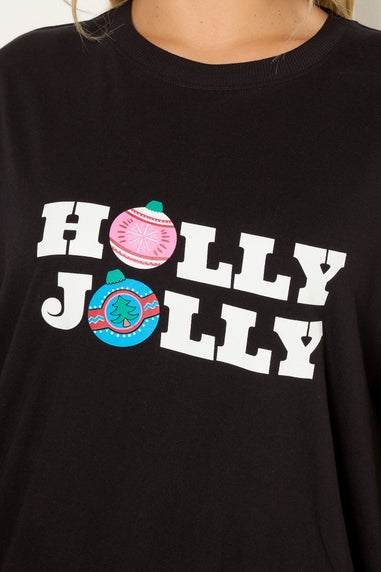 Yours Curve Black 'Holly Jolly' Wide Leg Pyjama Set