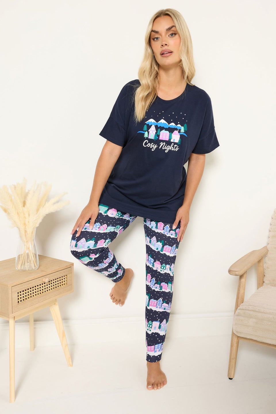 Yours Curve Navy Blue 'Cozy Nights' Cuffed Pyjama Set