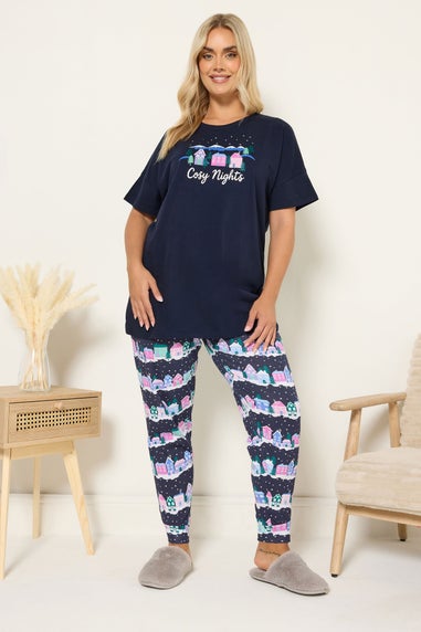 Yours Curve Navy Blue 'Cozy Nights' Cuffed Pyjama Set