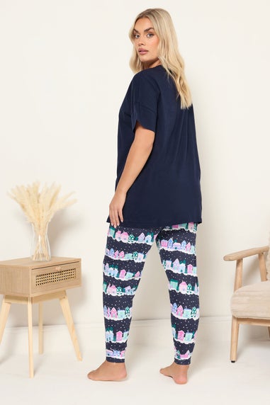 Yours Curve Navy Blue 'Cozy Nights' Cuffed Pyjama Set
