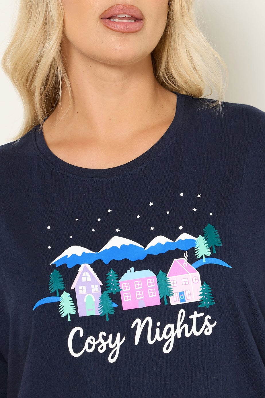 Yours Curve Navy Blue 'Cozy Nights' Cuffed Pyjama Set