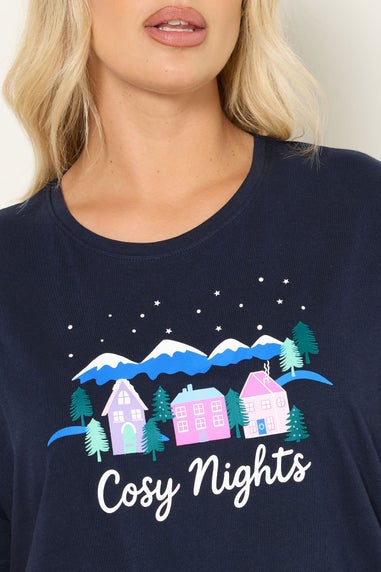 Yours Curve Navy Blue 'Cozy Nights' Cuffed Pyjama Set