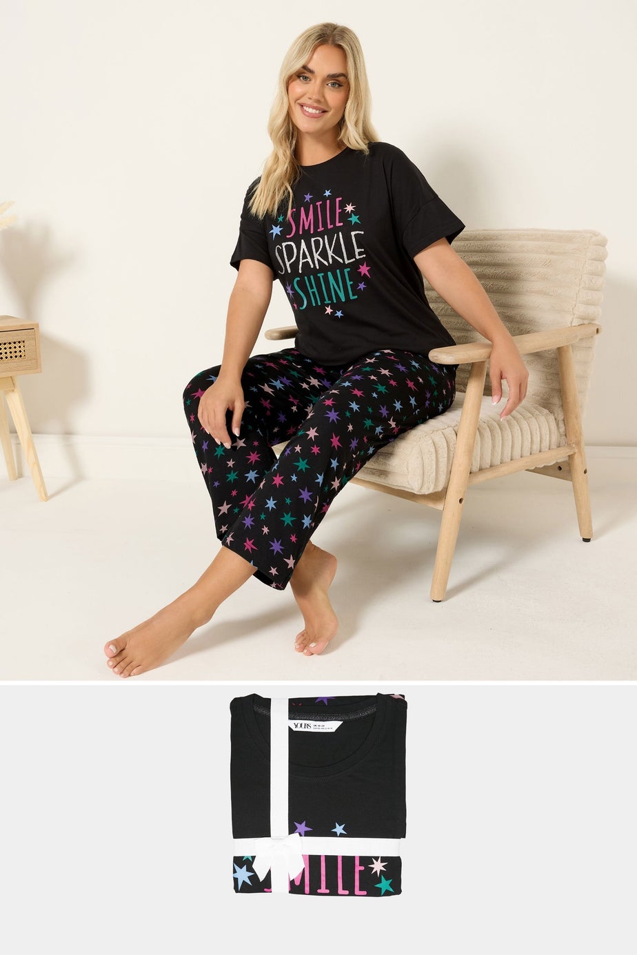 Yours Curve Black 'Smile Sparkle Shine' Wide Leg Pyjama Set