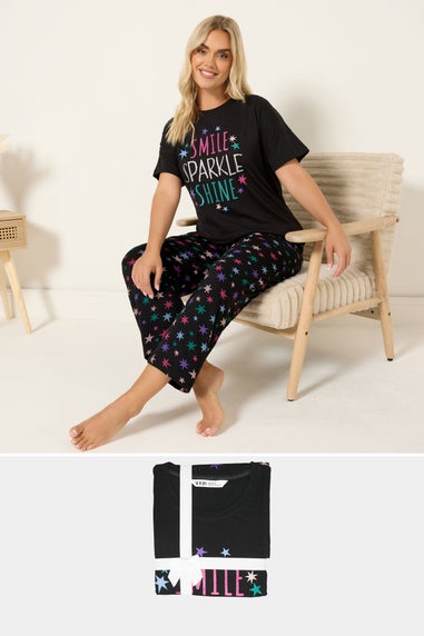 Yours Curve Black 'Smile Sparkle Shine' Wide Leg Pyjama Set