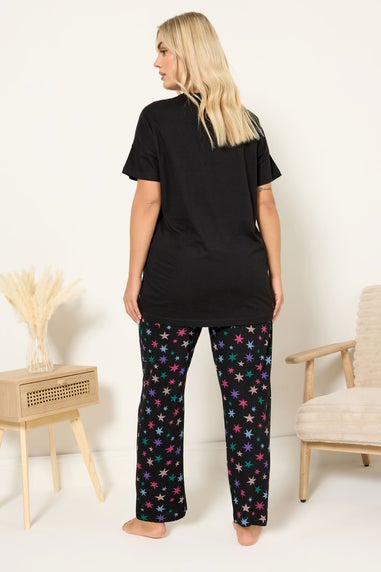 Yours Curve Black 'Smile Sparkle Shine' Wide Leg Pyjama Set