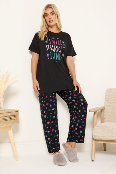 Yours Curve Black 'Smile Sparkle Shine' Wide Leg Pyjama Set