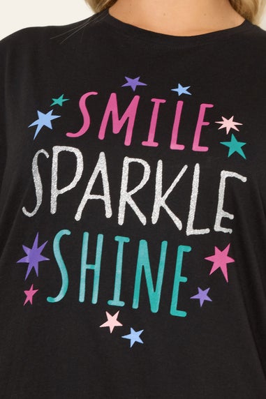 Yours Curve Black 'Smile Sparkle Shine' Wide Leg Pyjama Set