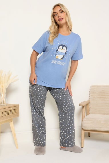 Yours Curve Blue 'Just Chillin' Wide Leg Pyjama Set