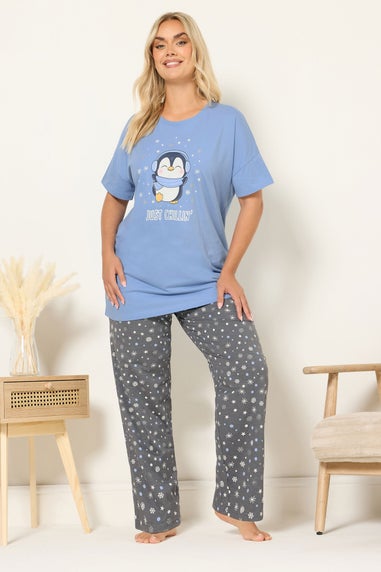 Yours Curve Blue 'Just Chillin' Wide Leg Pyjama Set