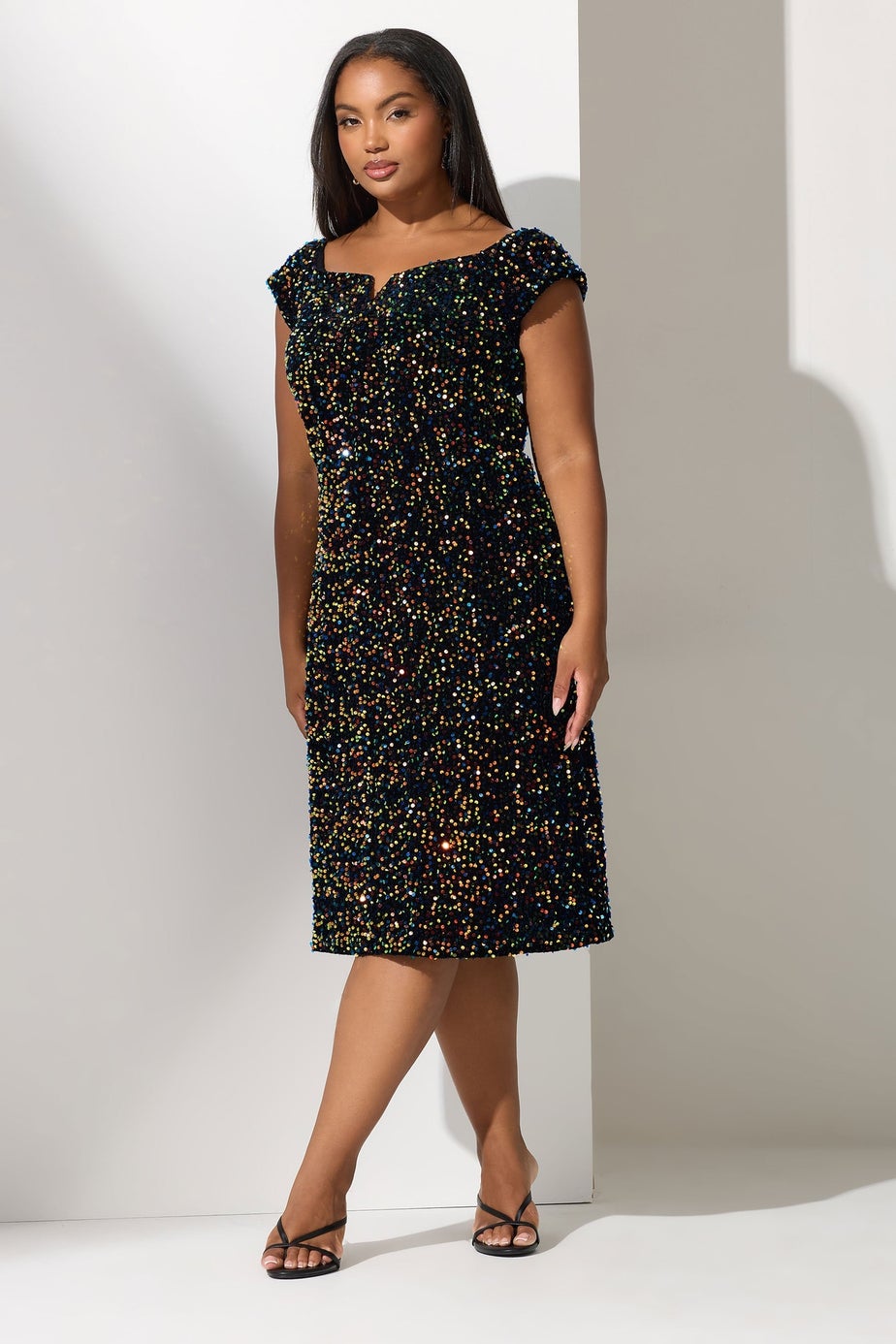 Yours London Curve Black Sequin Velvet Bardot Dress