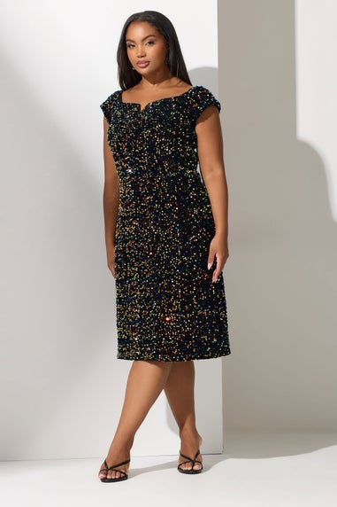 Yours London Curve Black Sequin Velvet Bardot Dress