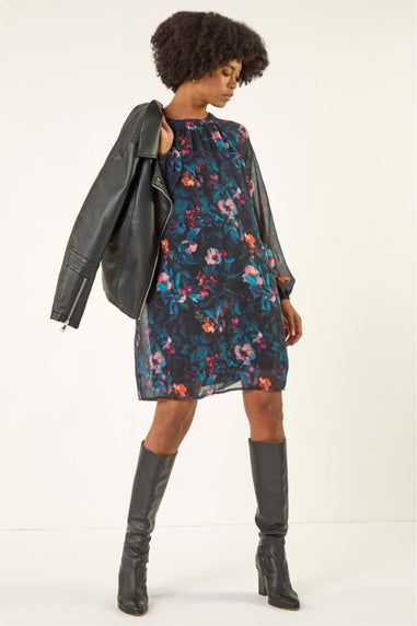 Roman Blue Floral Print Swing Dress