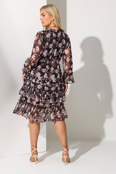 Yours London Curve Black Floral Dobby Ruffle Mini Dress