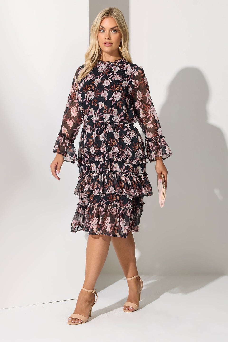 Yours London Curve Black Floral Dobby Ruffle Mini Dress