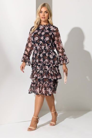 Yours London Curve Black Floral Dobby Ruffle Mini Dress