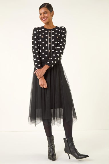 Roman Black Polka Dot Mesh Midi Dress