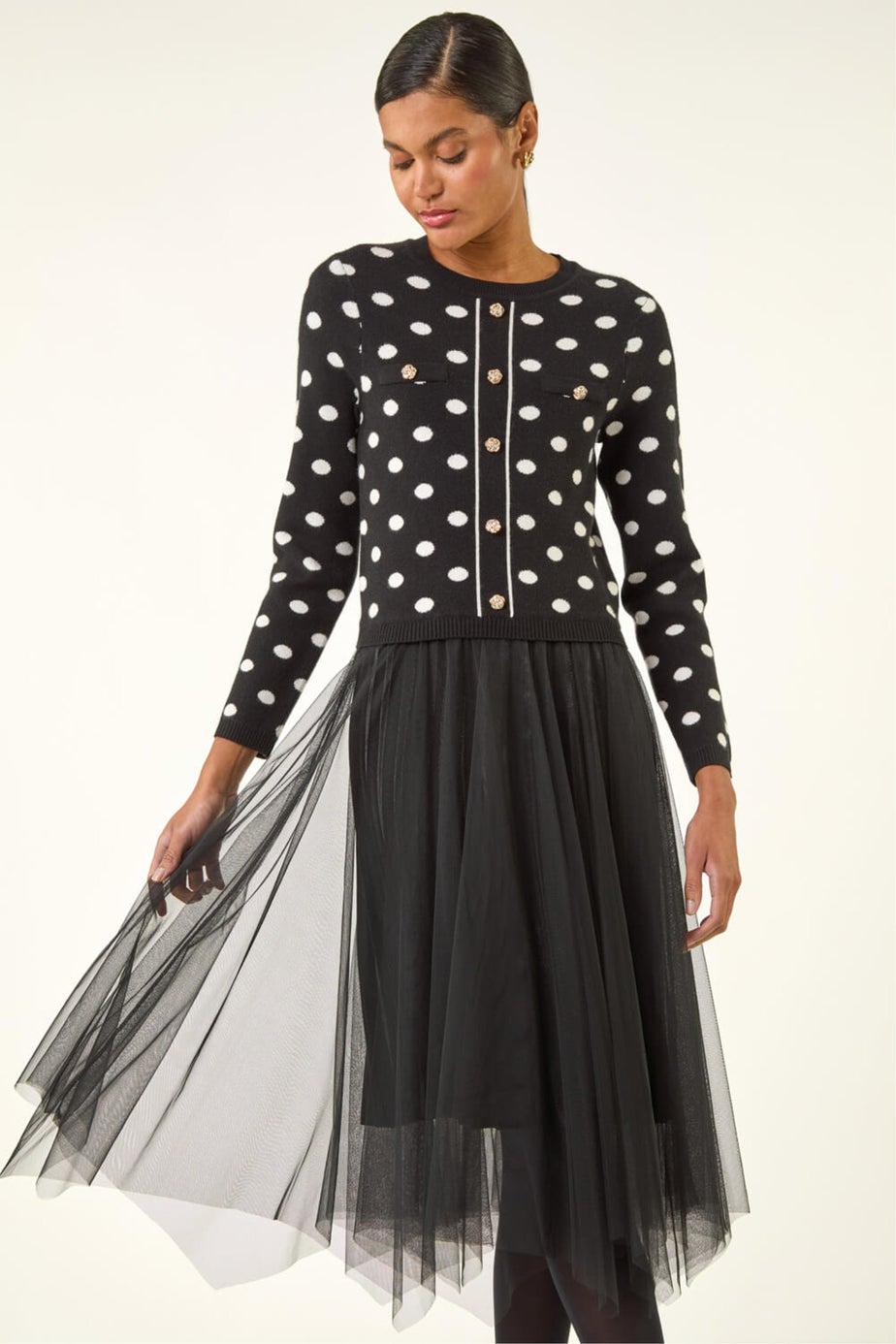 Roman Black Polka Dot Mesh Midi Dress